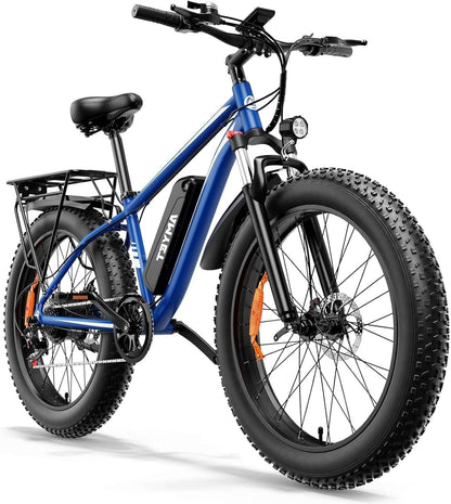 Electric fat tire bike, blue frame with front headlight, fenders, and rear cargo rack