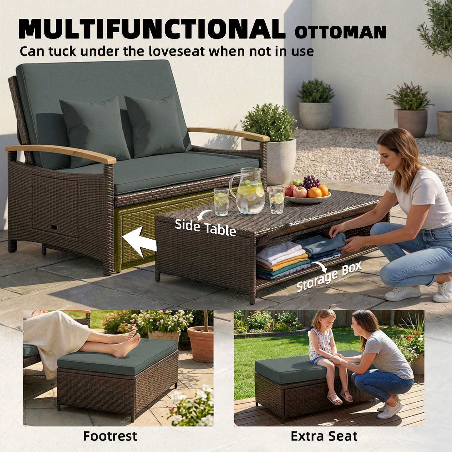 Rattan Outdoor Daybed with 4-Level Adjustable Backrest - Gray