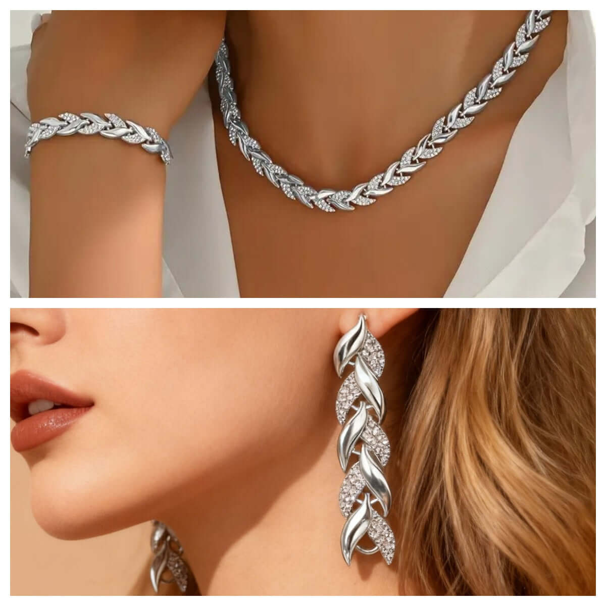 Silver rhinestone leaf link necklace and matching bracelet, close-up