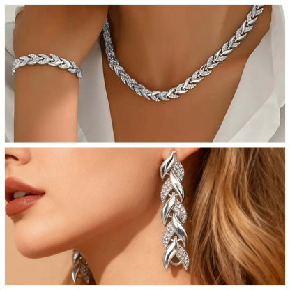 Silver rhinestone leaf link necklace and matching bracelet, close-up