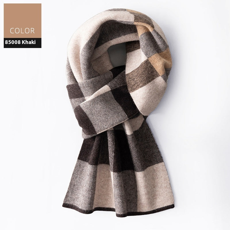 Plaid scarf in khaki and brown tones on a white background