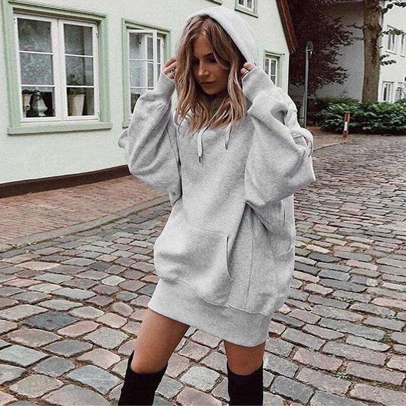 Women’s gray fleece pullover hooded sweatshirt with drawstring