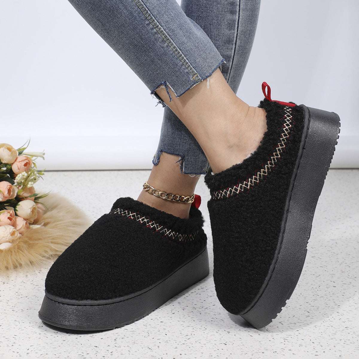 New Ethnic Plush Slippers – Thick Sole Warm Winter Shoes New Ethnic Style Sewing-edge Plush Slipp | Ectron Online