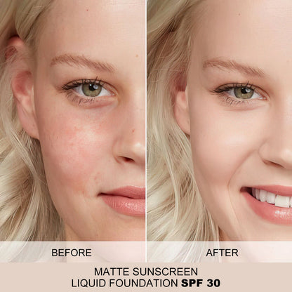 Matte liquid foundation SPF 30 before-and-after skin coverage, matte finish