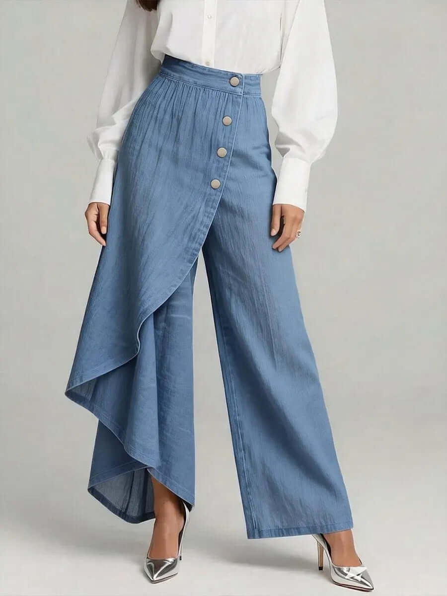 Light blue ruffled waist straight-leg pants with front button detail