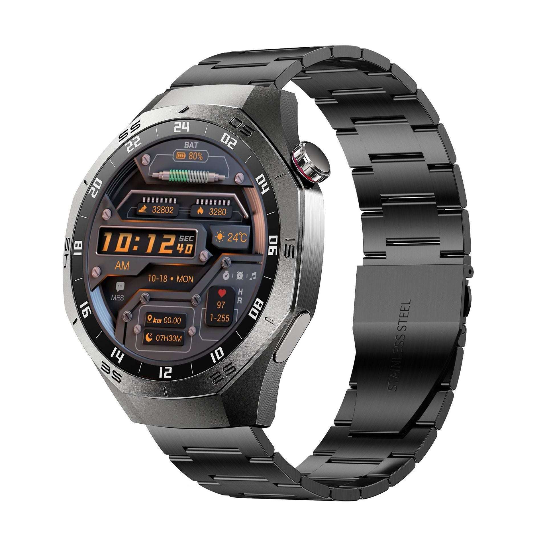 Black smartwatch with black metal bracelet and camera lens