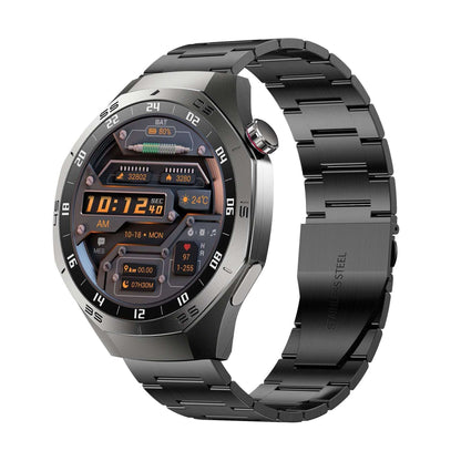 Black smartwatch with black metal bracelet and camera lens
