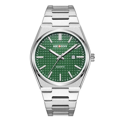 Men's steel strap wristwatch with green textured dial and silver date window