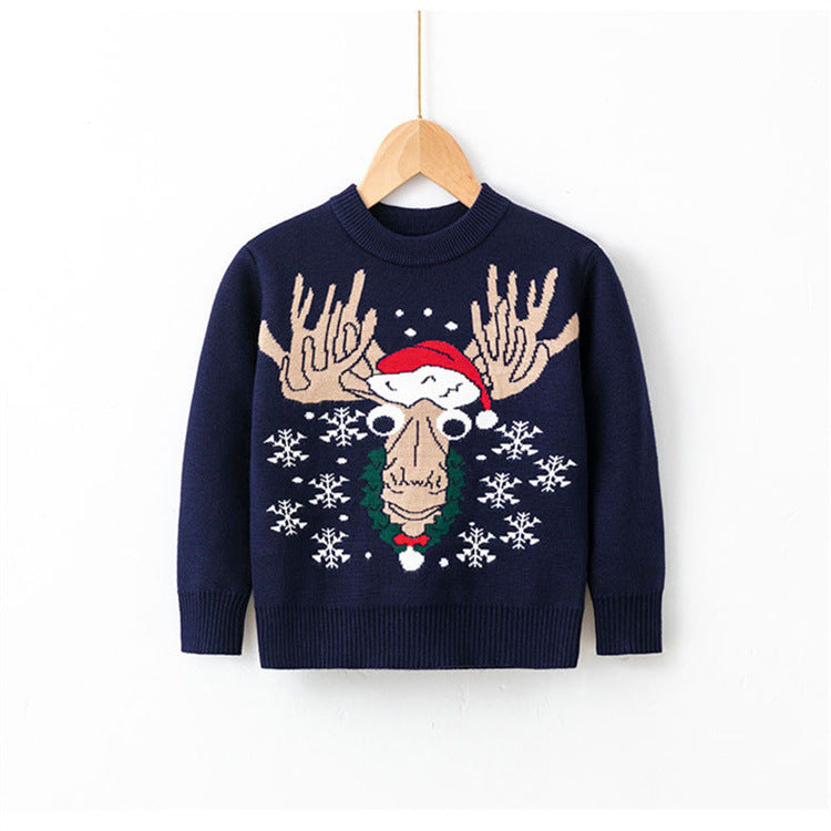 Children's Christmas sweater, dark navy knit with reindeer face and snowflake pattern