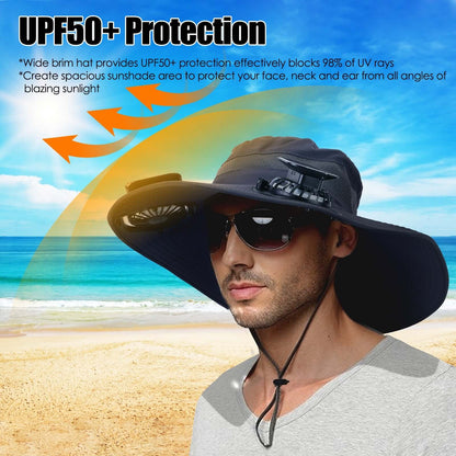 Solar powered sun hat with dual fan vents, dark hat; wide brim and chin cord