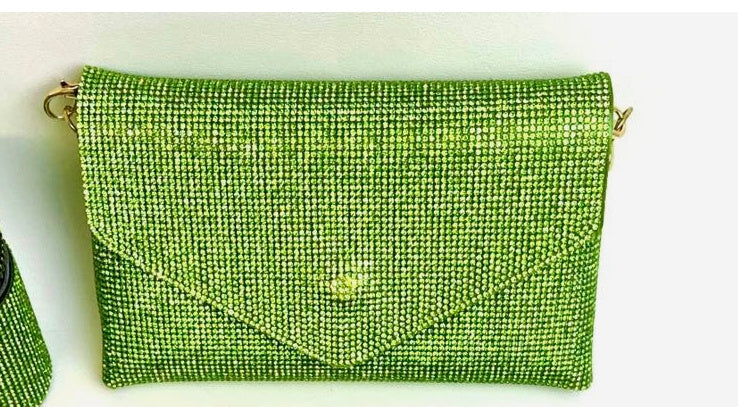 Rhinestone one-shoulder crossbody bag in light green with front flap and gold chain