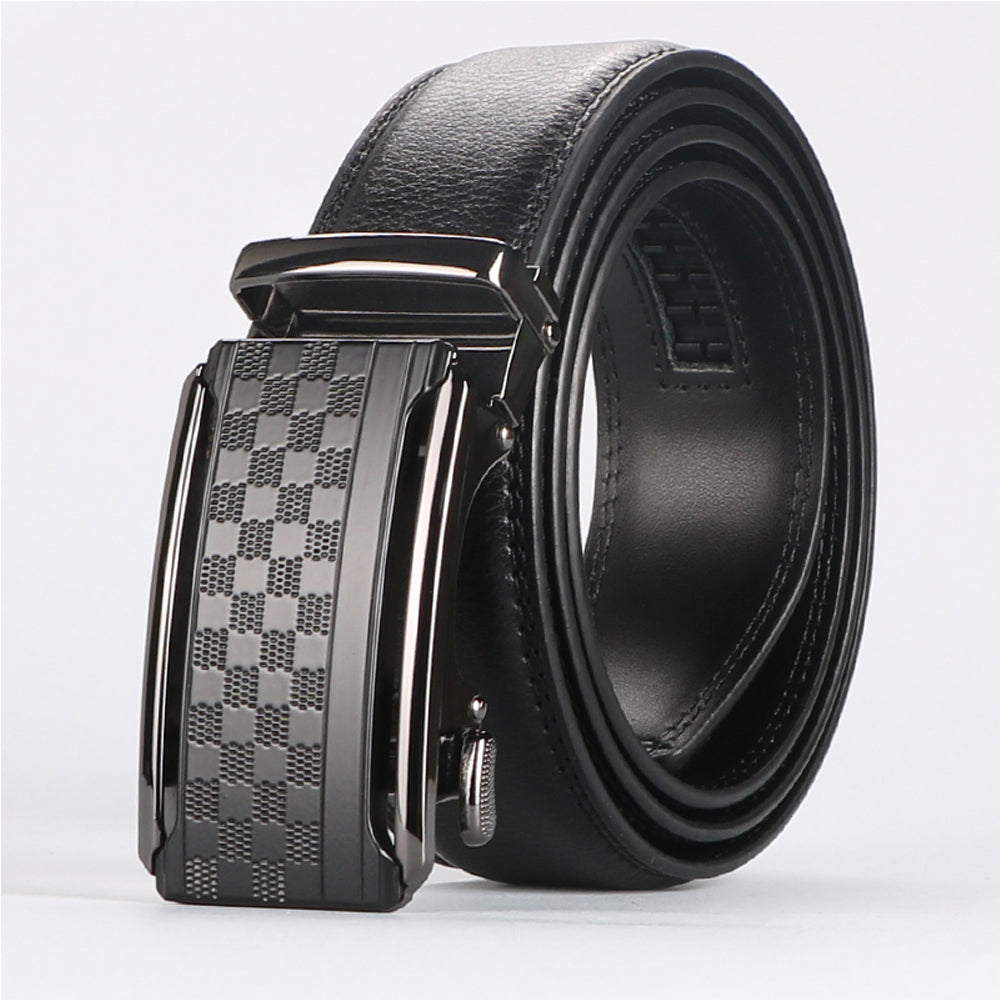 Black leather belt with check-pattern anti-scratch buckle and inner keeper strap