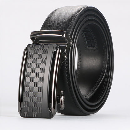 Black leather belt with check-pattern anti-scratch buckle and inner keeper strap