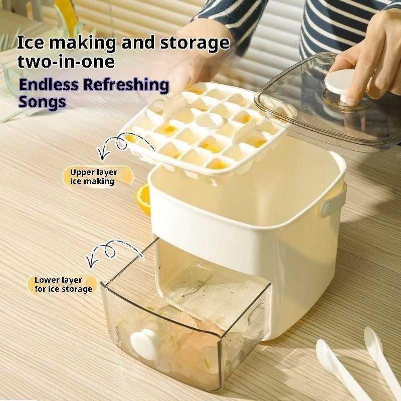 White double-layer ice cube mold with clear storage box and hinged lid