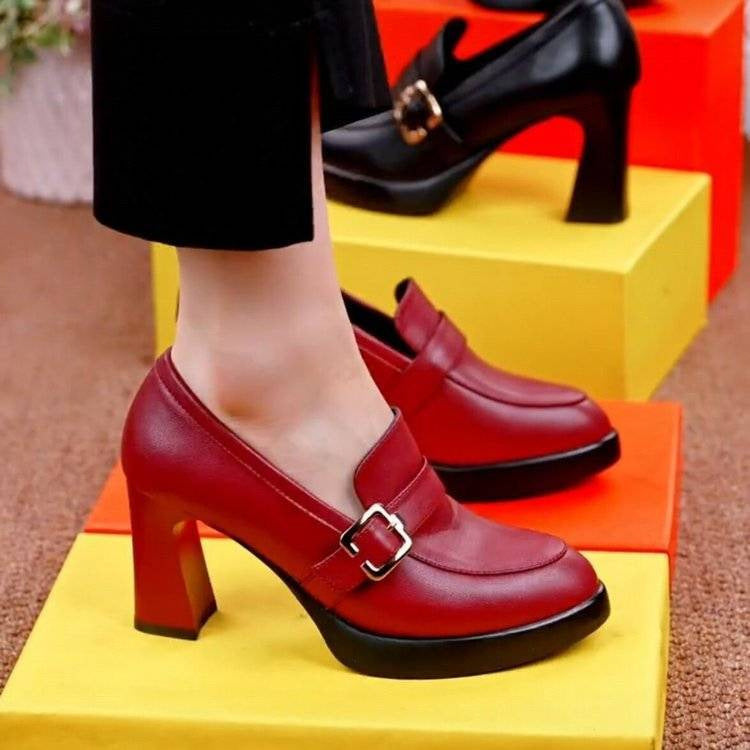Women's Thick Soled Leather Shoes - Chunky Heel & Deep Cut Thick Soled Thick Heels Fashion Shoes De | Ectron Online