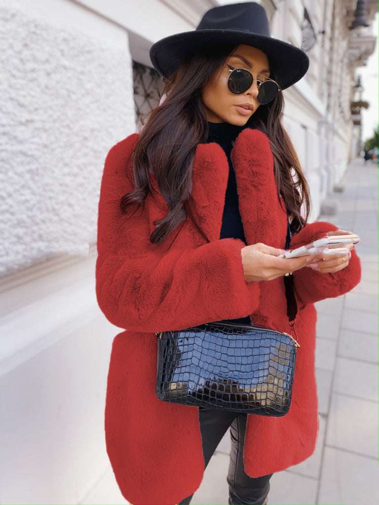 Elegant Long Sleeve Faux Fur Coat for Women Temperament Long Sleeve Lapel Faux Fur C | Ectron Online