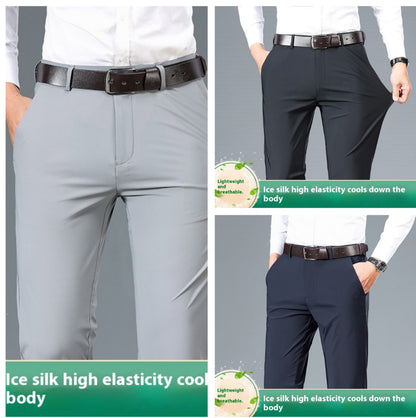 Gray men's casual pants with belt, front crease and side pockets
