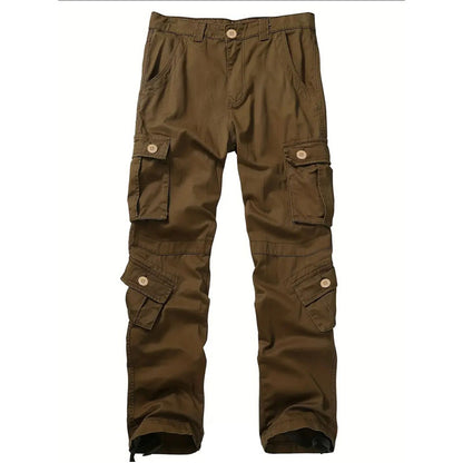 Men's cargo pants in brown with multiple cargo pockets and belt loops