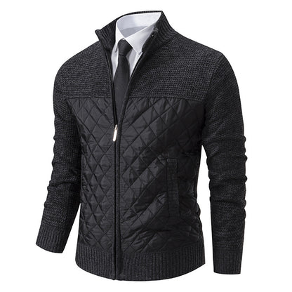 Black quilted jacket with a white shirt and tie on a white background
