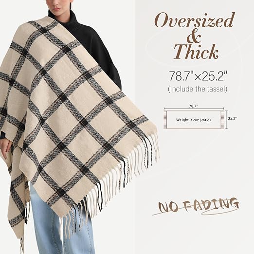 Oversized plaid scarf shawl with fringed edge, beige and dark check pattern