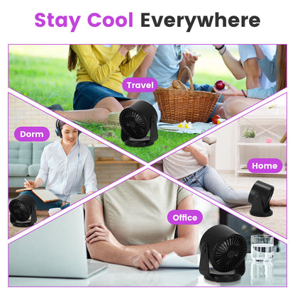 Two portable desk fans with purple LED rings and black housings, angled for cooling