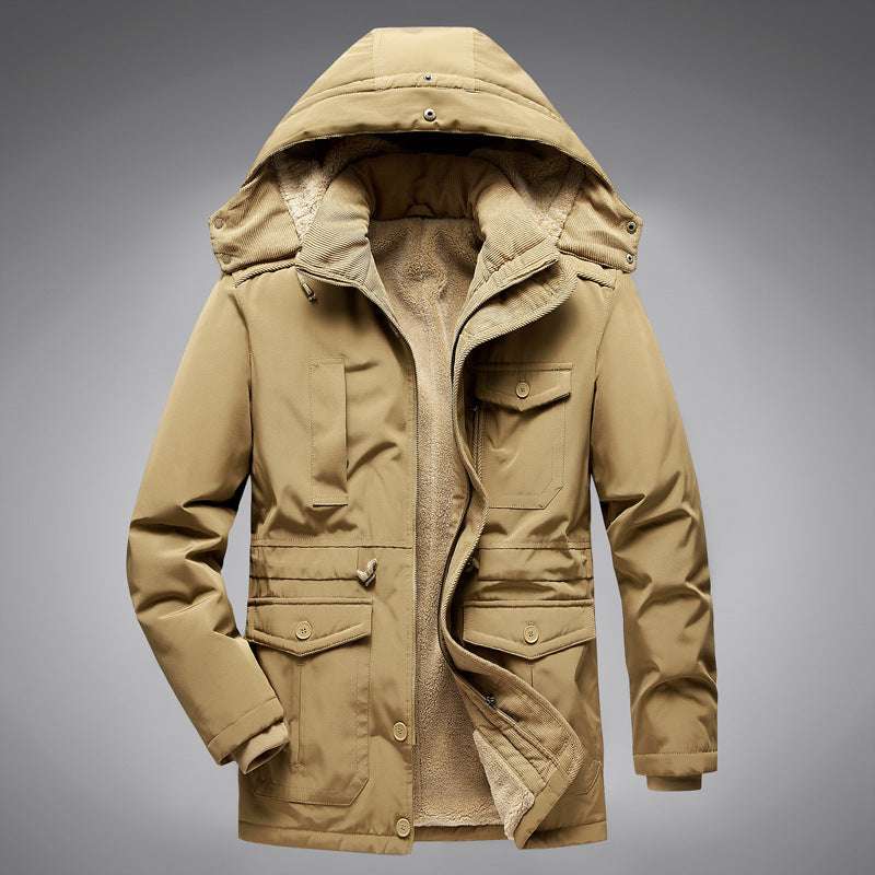 Beige winter jacket with a hood