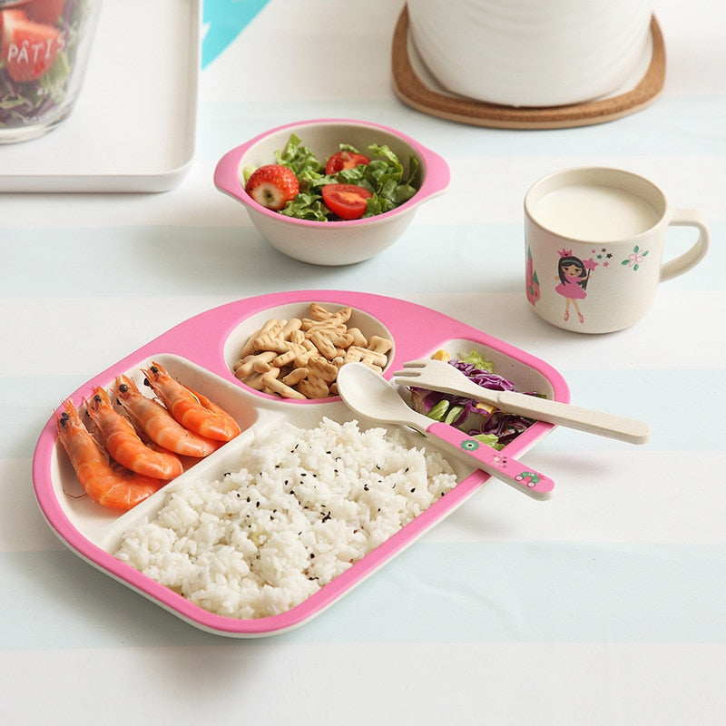 5pcs/set Baby Dinnerware Bamboo Fiber Children Tableware Set Plate Dishes Bowl With Spoon Cartoon Feeding Set Food Container