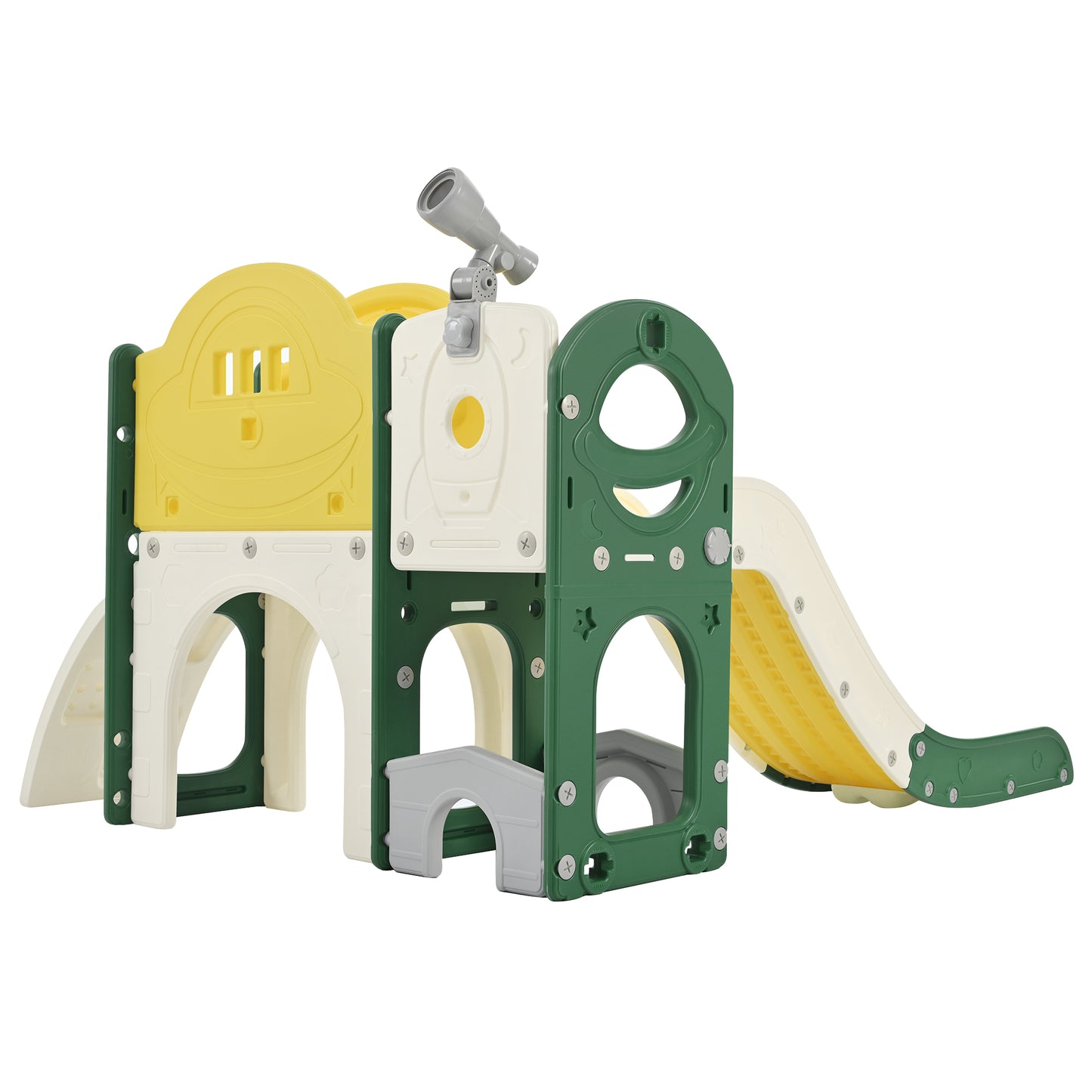 Kids Slide Playset Structure 7 in 1, Freestanding Spaceship Set with Slide, Arch Tunnel Yellow + HDPE