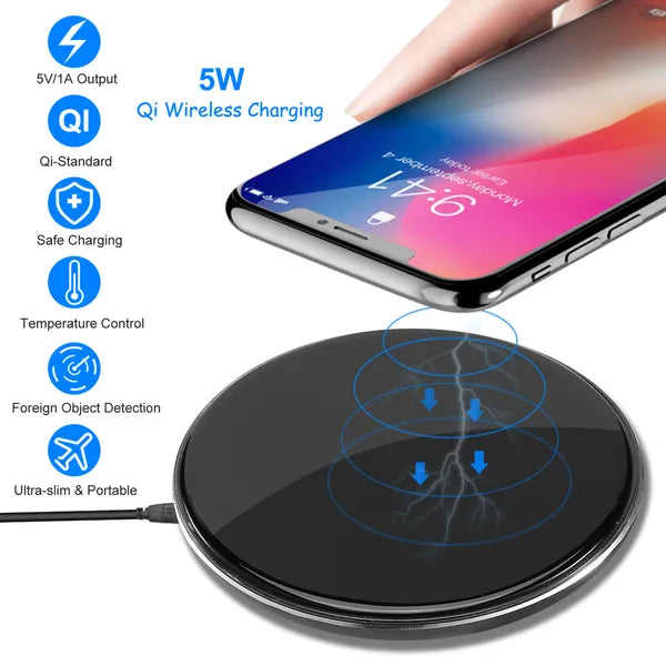 Black ultra-slim wireless Qi charger pad with blue charging indicator circles