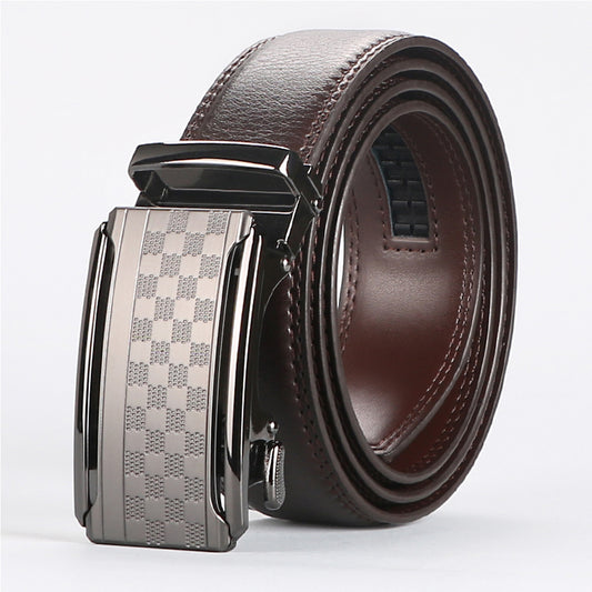 A high-quality leather belt for men featuring a matte-finish anti-scratch buckle, shown paired with professional dress slacks and casual denim.