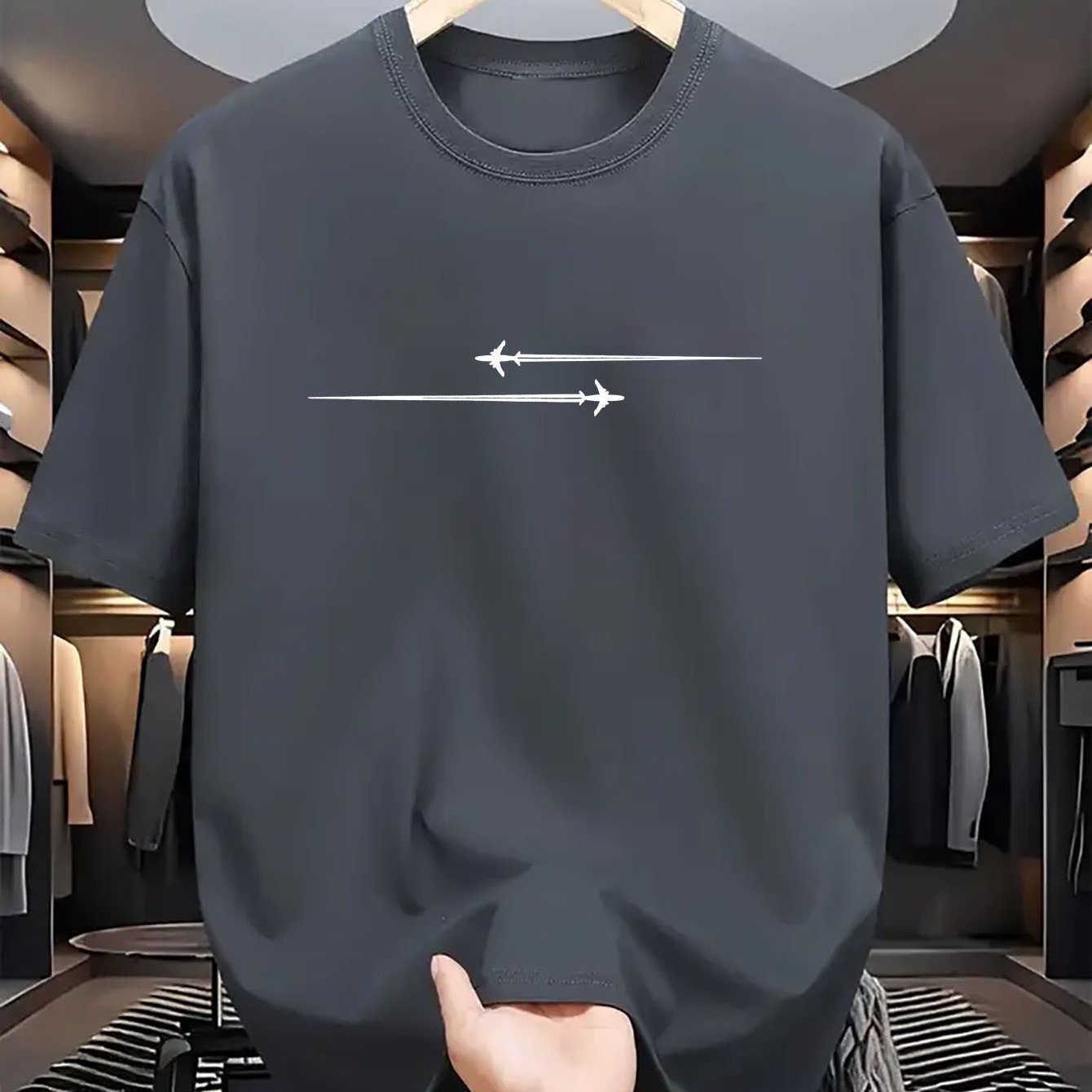 A man modeling a sports t-shirt with a modern geometric pattern print, featuring a classic round neck and a performance-focused athletic fit.