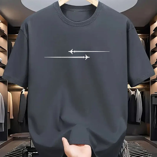 A man modeling a sports t-shirt with a modern geometric pattern print, featuring a classic round neck and a performance-focused athletic fit.