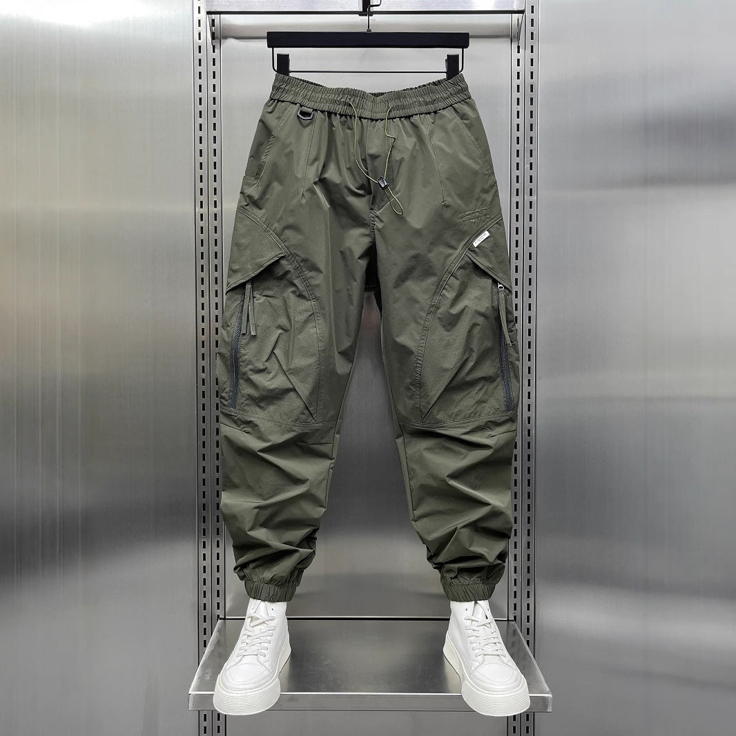 Men's tapered cropped pants, army green, elastic waistband with cargo-style pockets