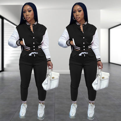 Black baseball jacket and jogger pants set with white contrast sleeves and stripe cuffs