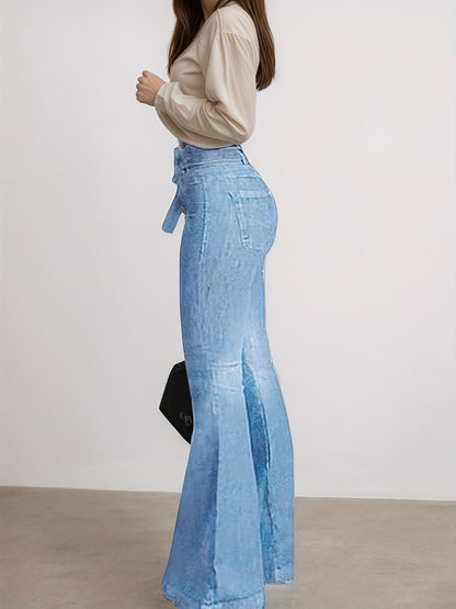 Women's high-waisted flared jeans, light blue wash with wide bell-leg and front seams