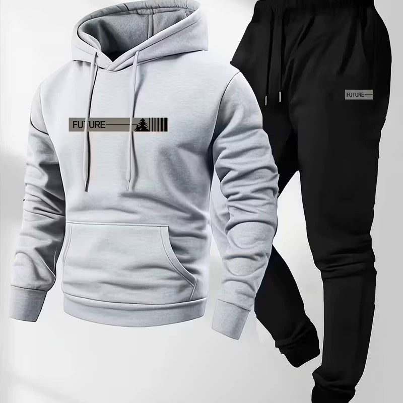 Men's loose-fit hoodie and pants set, light gray hoodie with drawstring hood and pocket, black joggers