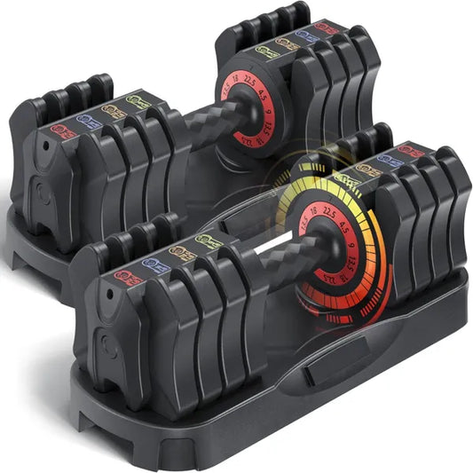 Adjustable 22.5LB dumbbell in its storage tray showing the 5-in-1 weight selection dial.