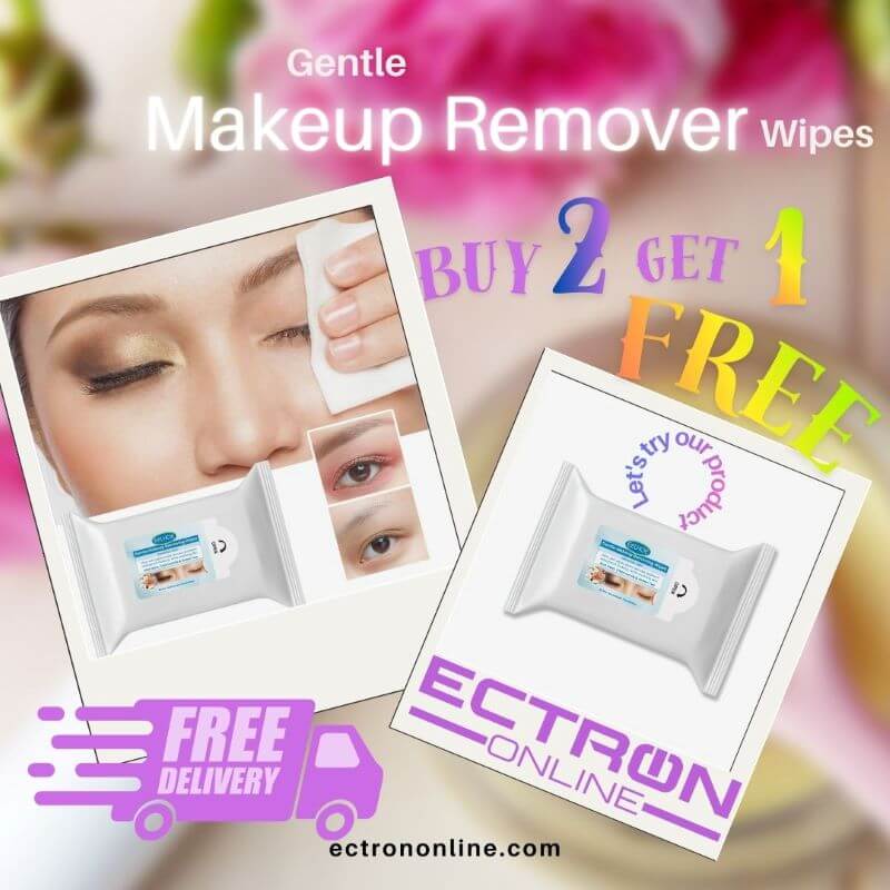 Advertisement for makeup remover wipes with promotional text and Ectron Online branding.