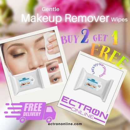 Advertisement for makeup remover wipes with promotional text and Ectron Online branding.