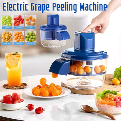 Electric grape peeling machine with fruits and a glass of juice on a table.