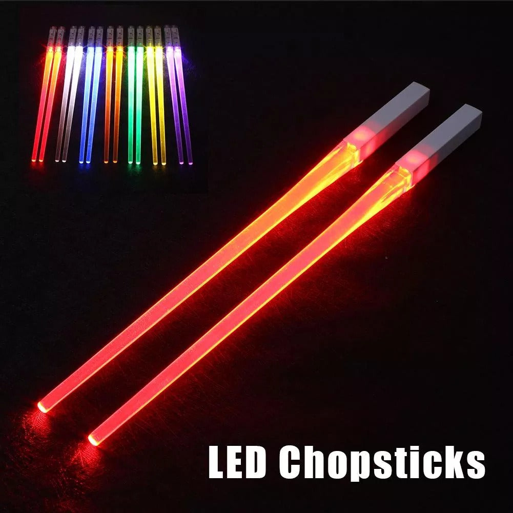 A reusable party utensil with nine colored fluorescent sticks and glowing chopsticks