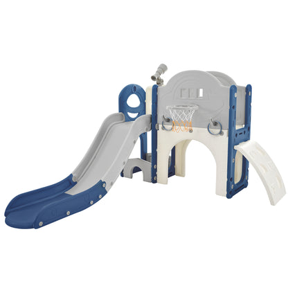 Kids Slide Playset Structure 7 in 1, Freestanding Spaceship Set with Slide, Arch Tunnel Blue+Grey + HDPE