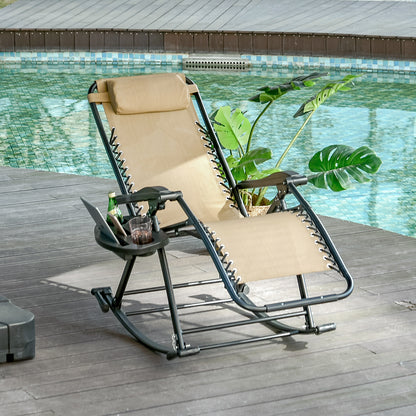 Beige zero gravity rocking chair with pillow and cup holder, black frame