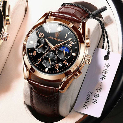 Men's wrist watch with rose-gold-tone bezel, black dial, and brown leather strap