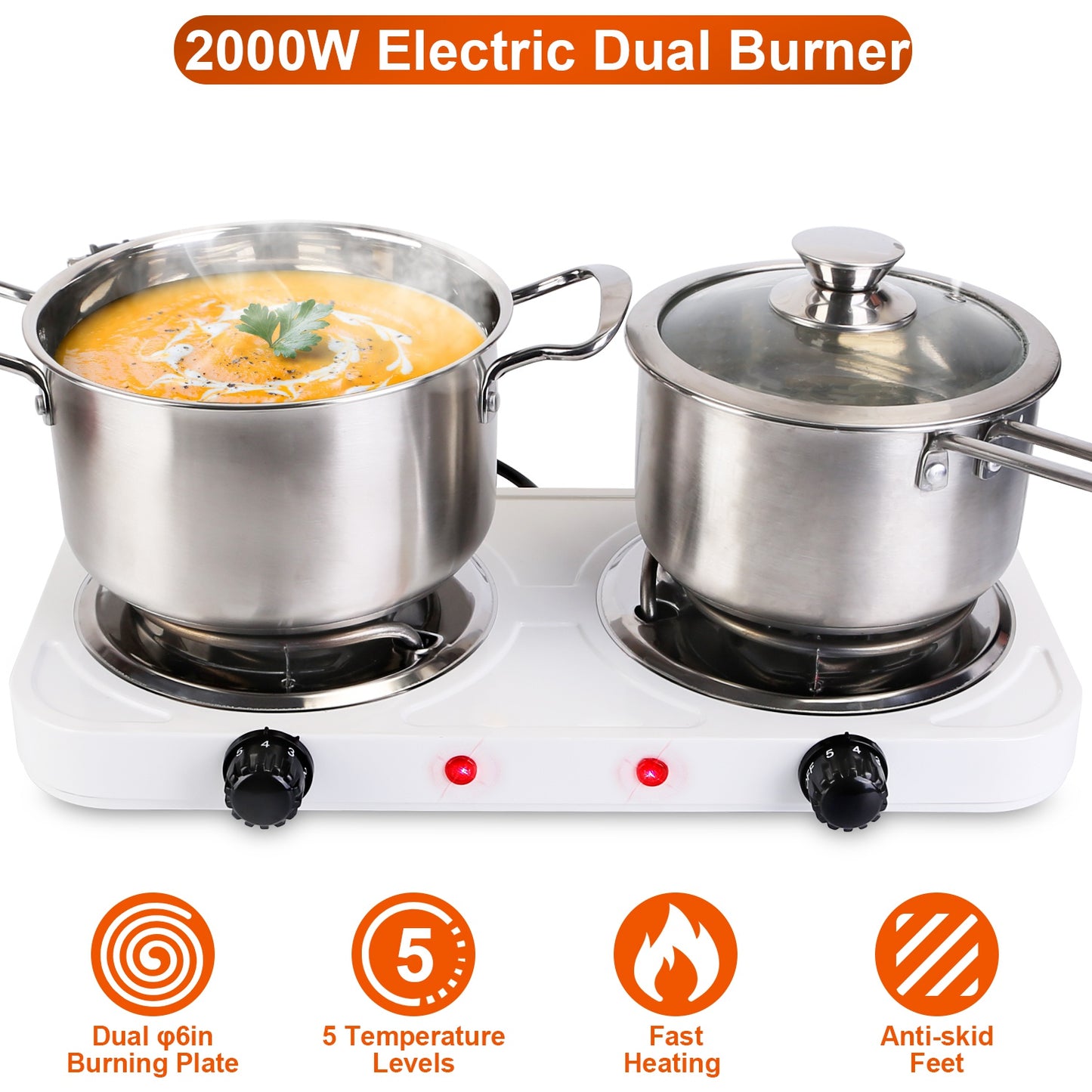 Black electric double burner hot plate with two coil heating elements and independent temperature control knobs on a modern kitchen countertop