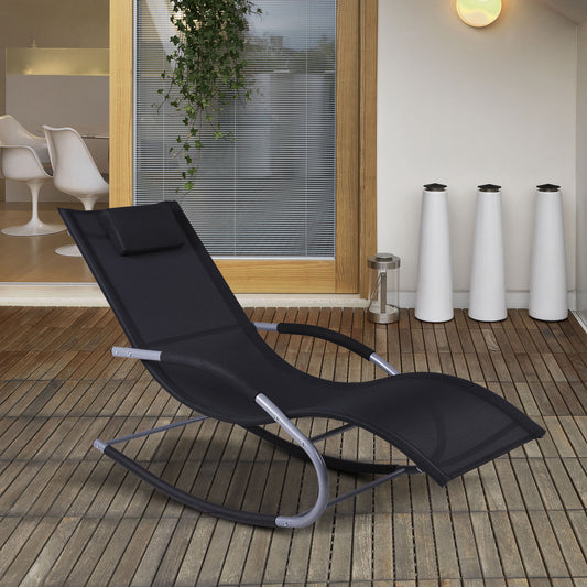 Black zero gravity rocking chair with a detachable headrest pillow on a modern outdoor deck