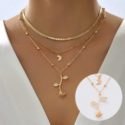 Bohemia Multilayer Moon Gold Color Pendant Necklaces For Women Rose Flower Choker Necklace 2025 Fashion Jewelry Party Gift Valentine's Day Gifts