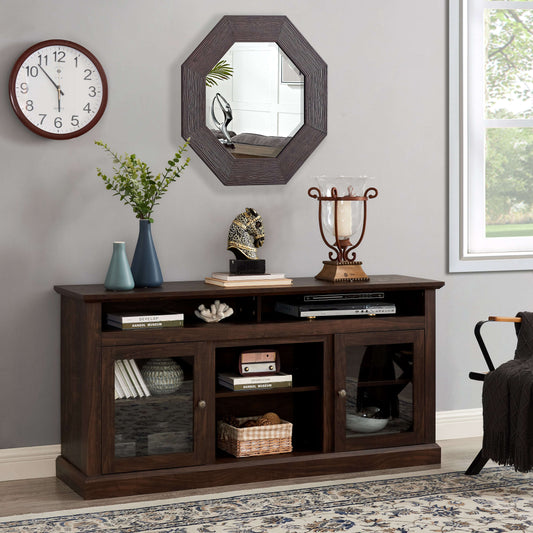 Brown farmhouse-style entertainment center with tempered glass cabinet doors and interior shelving for living room storage.