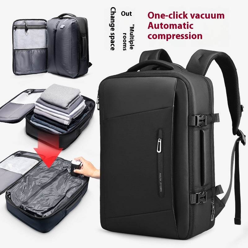 Black backpack with vacuum compression feature on a white background