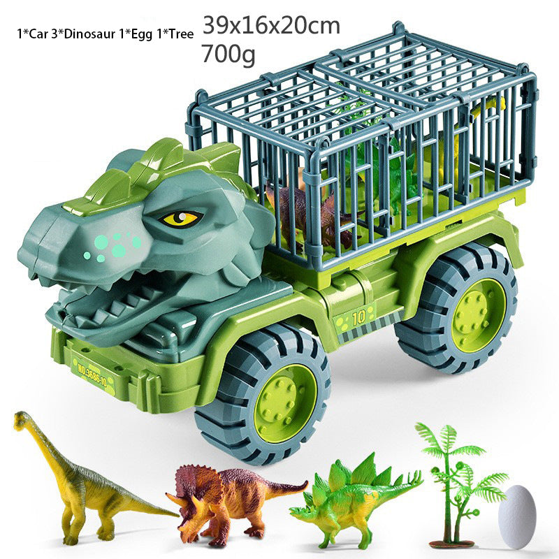 Dinosaur truck toy with blue cage and green dino head, dinosaur figures and egg